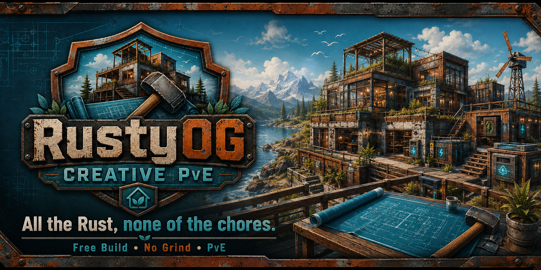 Баннер сервера RustyOG Creative PvE | Free Build | No Grind