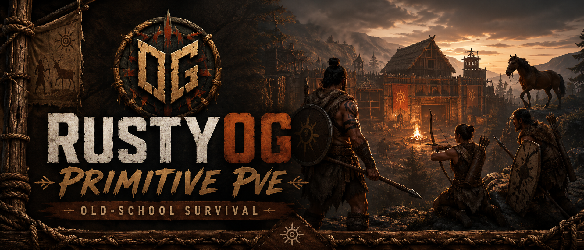 Баннер сервера RustyOG Primitive PvE | Skills, Zombies, No Guns